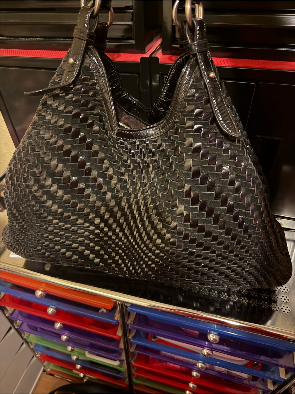 Cole Haan Black Woven Leather Hobo Bag